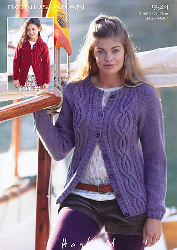 Hayfield 9549 Knitted Cardigans in Hayfield Bonus Aran Tweed (#4) weight yarn. For children and adults from 24"/26" to 44"/46".